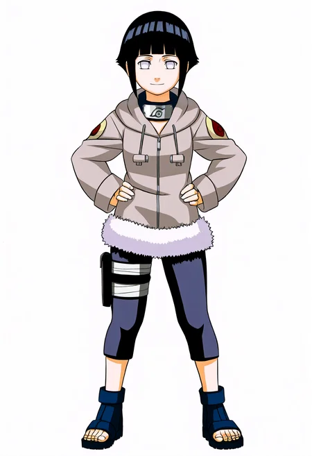 masterpiece, best quality, very aesthetic, absurdres BREAK
1girl, hyuuga hinata, short hair, black hair, no pupils, blunt bangs, shiny hair, white eyes, hoodie, hood down, long sleeves, capri pants, fur trim, thigh holster, toeless shoes,
hands on hips, smile, standing, full body, looking at viewer, solo, simple background, white background <lora:HinataGeninIllustriousXL_byKonan:1>