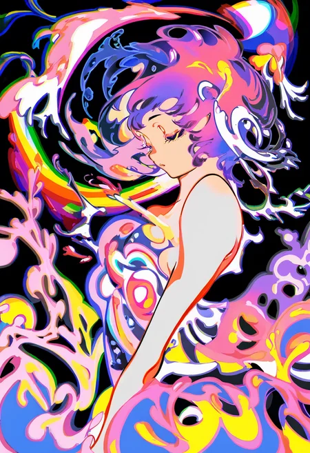 1girl, solo, black background, breasts, dress, bare shoulders, simple background, short hair, abstract, colorful, pink hair, purple hair <lora:yoneyamaiXL_NBVP1_lokr_V6311P:0.95>