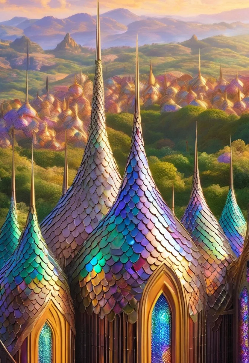 An award-winning, ultra-detailed macro scene where thousands of jewel-toned reptile and fish scales tessellate into a living cathedral—arches, stained-glass windows, and vaulted ceilings all formed from iridescent emerald, sapphire, and sunset-gold scales. Shafts of soft, ethereal morning light pierce the structure, making each scale glow like a tiny prism. A single robed figure stands in awe at the nave’s center, dwarfed by the shimmering architecture. Shot on a 50 mm lens, f/1.8, with cinematic depth-of-field and photorealistic texturing; dramatic, award-winning concept-art style reminiscent of Alex Ross meets Studio Ghibli.