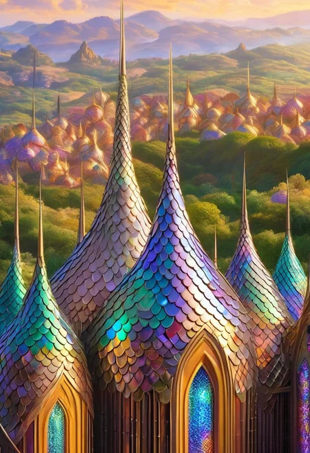 An award-winning, ultra-detailed macro scene where thousands of jewel-toned reptile and fish scales tessellate into a living cathedral—arches, stained-glass windows, and vaulted ceilings all formed from iridescent emerald, sapphire, and sunset-gold scales. Shafts of soft, ethereal morning light pierce the structure, making each scale glow like a tiny prism. A single robed figure stands in awe at the nave’s center, dwarfed by the shimmering architecture. Shot on a 50 mm lens, f/1.8, with cinematic depth-of-field and photorealistic texturing; dramatic, award-winning concept-art style reminiscent of Alex Ross meets Studio Ghibli.