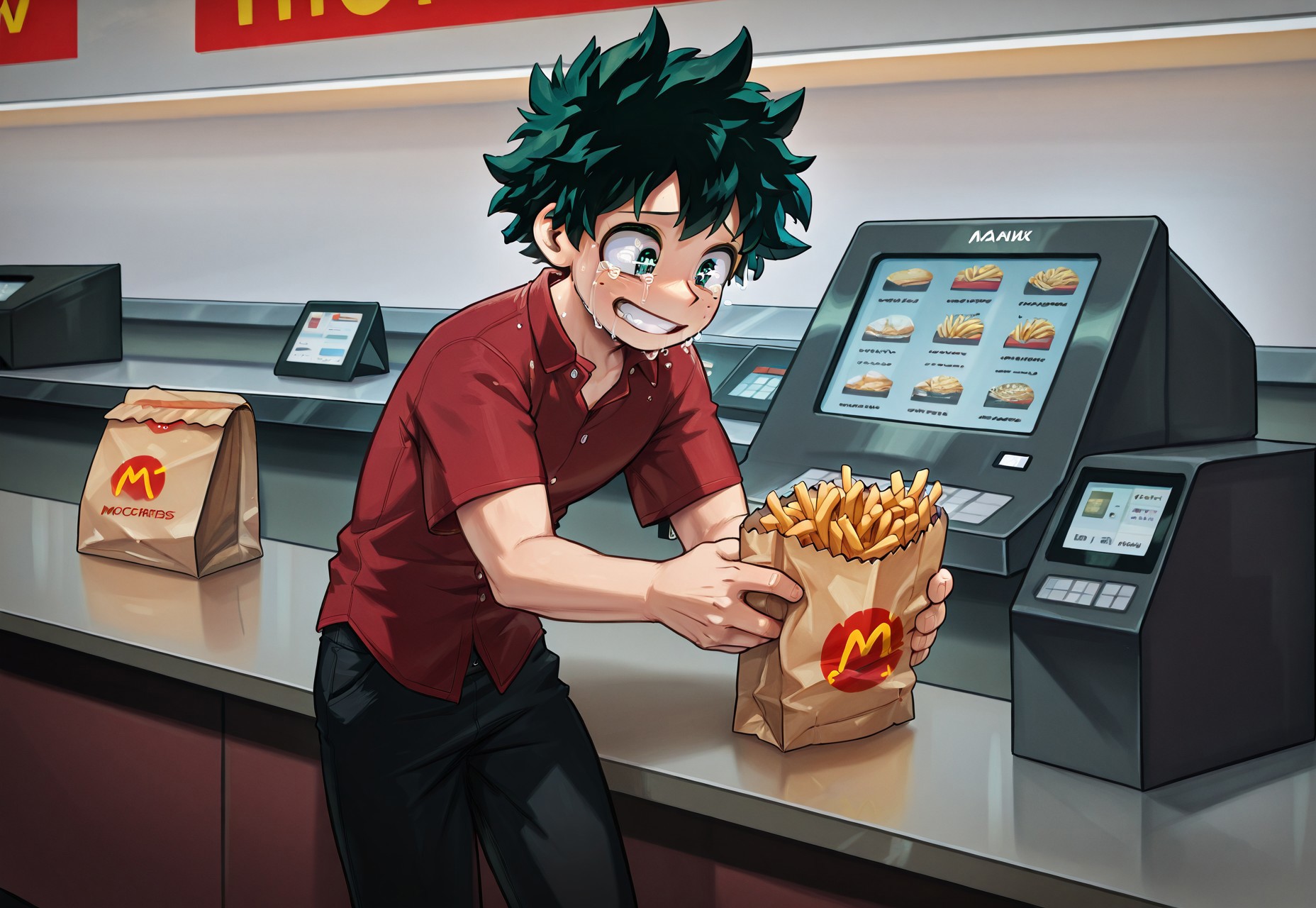 (best quality, masterpiece, absurd res, newest), solo, 1boy, deku, midoriya izuku, green hair, short hair, freckles, green eyes, mcdonalds, visor, black pants, red shirt, brown paper bag, holding fries, crying, grin, cash register, front counter, 