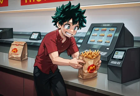 (best quality, masterpiece, absurd res, newest), solo, 1boy, deku, midoriya izuku, green hair, short hair, freckles, green eyes, mcdonalds, visor, black pants, red shirt, brown paper bag, holding fries, crying, grin, cash register, front counter,