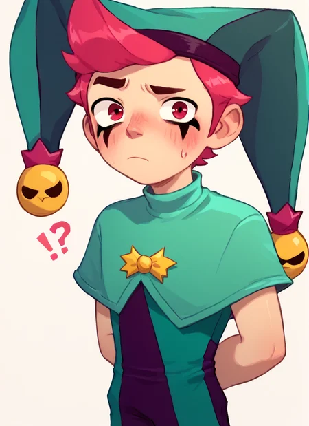 score_9, score_8_up, score_7_up, <lora:bschester:1> 1boy, bschester , pink hair, red eyes , jester cap, green headwear ,green jumpsuit, capelet, ,solo , blush, confused, ??? ,arms behind back, looking at viewer, closed mouth <lora:PossumMachine:1>posmach