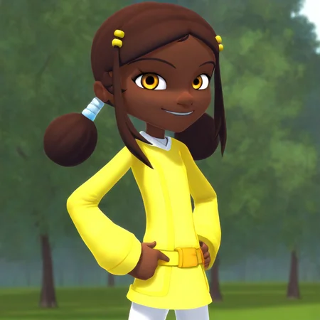 masterpiece, best quality, solo, sam_mbc, dark-skinned female, brown hair, twintails, hair ornament, hands on hips, looking at viewer, smile, tree