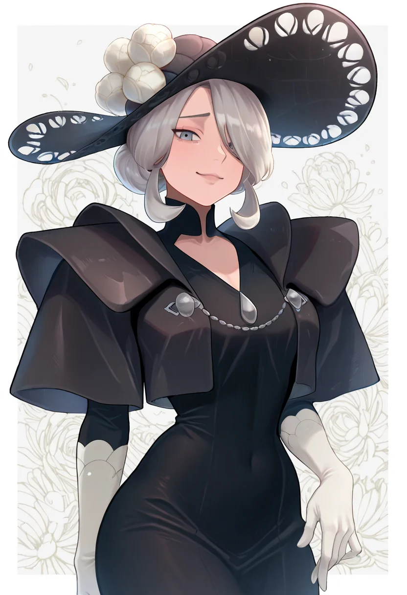 masterpiece, best quality, solo, curvy, beautiful eyes, zzCogita, hair over one eye, grey hair, white hair, short hair, grey eyes, black hat, black dress, , <lora:CogitaPokemon_IXL:1.0>,, smile, looking at viewer, cowboy shot, <lora:IckpotIXL_v1:1.0>,