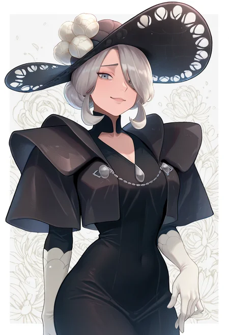 masterpiece, best quality, solo, curvy, beautiful eyes,  zzCogita, hair over one eye, grey hair, white hair, short hair, grey eyes, black hat, black dress,  , <lora:CogitaPokemon_IXL:1.0>,, smile, looking at viewer, cowboy shot,  <lora:IckpotIXL_v1:1.0>,