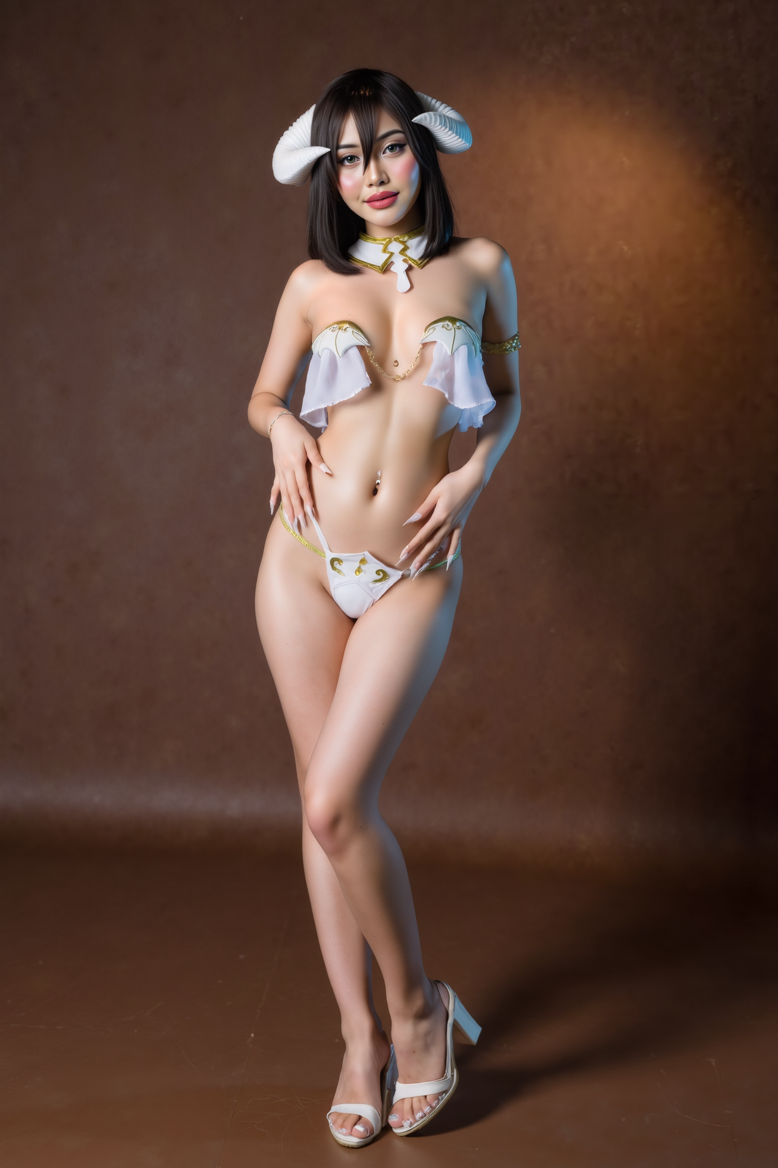 Professional portrait capturing a young woman standing tall with hands gracefully resting on her hips. Her posture is strong yet feminine, with a gentle bend in one knee adding dynamic lines to her silhouette. Soft, directional lighting highlights the contours of her figure, showcasing poise and strength.

She is wearing a white SGWN69Clothing with horns. Her makeup is dramatic, with dark eyeliner and bold, glossy pink lips. 

The lighting features a high-contrast, monochromatic white color scheme that creates a moody, intimate atmosphere. 

The photography technique uses what appears to be soft lighting to create a glamorous effect, with careful attention to highlighting contours while maintaining the dominant light brown color scheme throughout the frame.

The overall aesthetic combines elements of fashion photography, traditional Asian visual motifs, and contemporary boudoir styling. The dramatic light brown lighting creates a cohesive visual theme that ties all elements of the composition together.

The white light emit on her to show her feature.