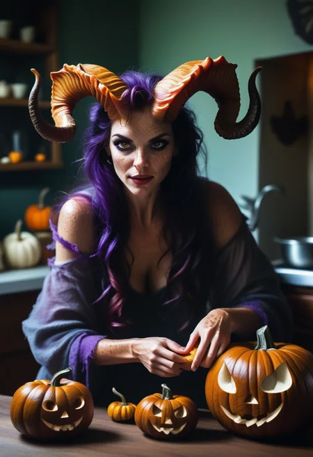 score_9,score_8_up,score_7_up,score_6_up,a female freckled Tiefling  horns , carving a pumpkin in a kitchen with her kids for Halloween  fog green and purple