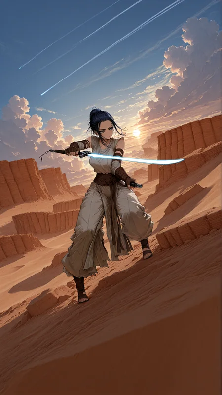 masterpiece, newest,absurdres,incredibly absurdres, best quality, amazing quality, very aesthetic, UHD, 8k, simple white background,
1girl, rey \(star wars\), dynamic pose, desert, science fiction, contrail, cloud, sunset, dark blue sky, orange hue, energy sword, jedi, sandstone formation,
 <lora:Lifeline_Illu_Edition:1> LL-Illu <lora:wamiarts_style:1> wamiarts_illu <lora:NOOB_vp1_detailer_by_volnovik_v1:1>