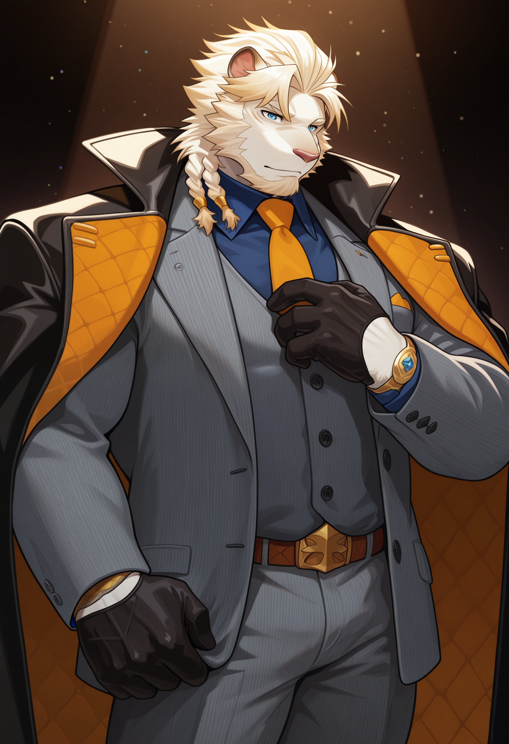 masterpiece, best quality, amazing quality, solo, 1boy, AstosisLAH, necktie, blue shirt, grey coat, gloves, pants