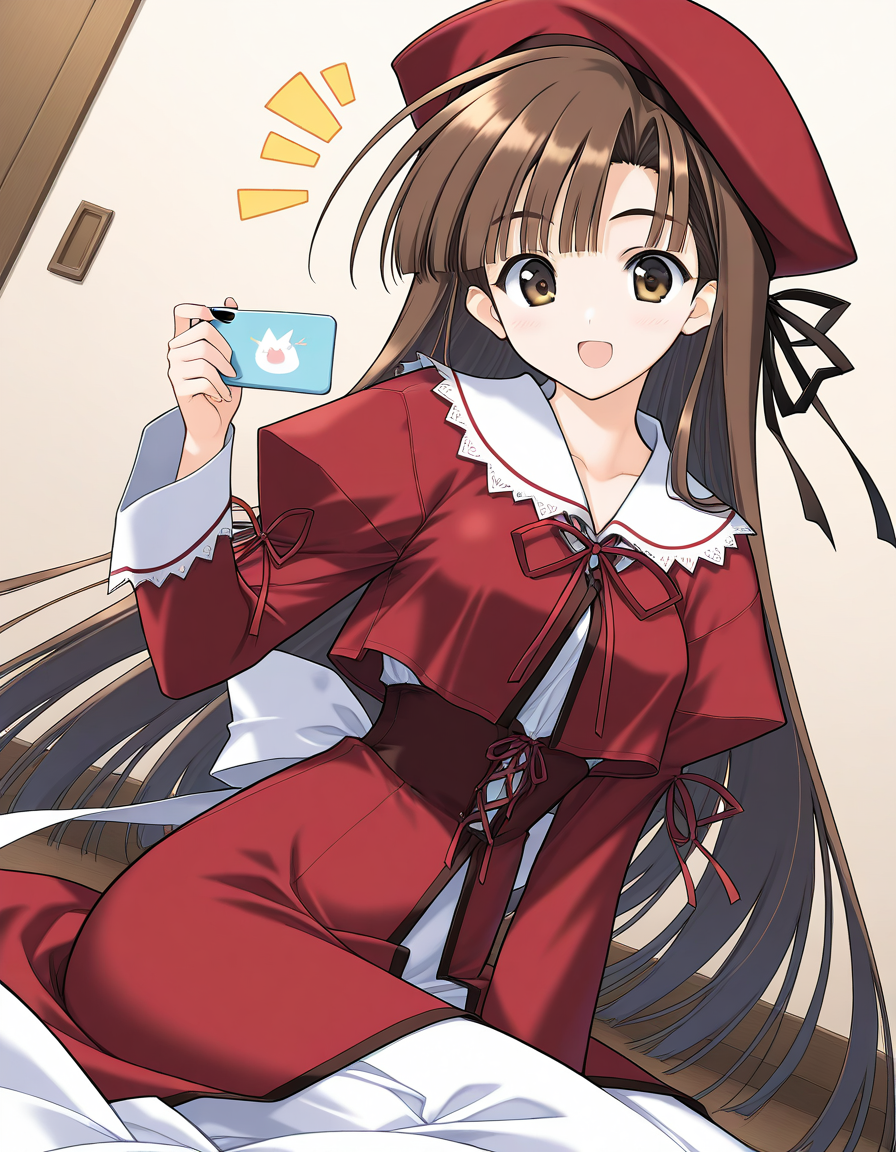 general,highres, ultra-detailed,very aesthetic,best quality ,best hands,  BREAK <lora:Mikage_Subaru_IS:1> Mikage_Subaru, 1girl,solo, brown hair, brown eyes, very long hair, bangs, medium breasts,
(^^), smile, open mouth, ribbon, sitting,  dress, holding, red beret, red dress, frill, white skirt,
long sleeves, looking at viewer, indoors, dutch angle, blue hair,