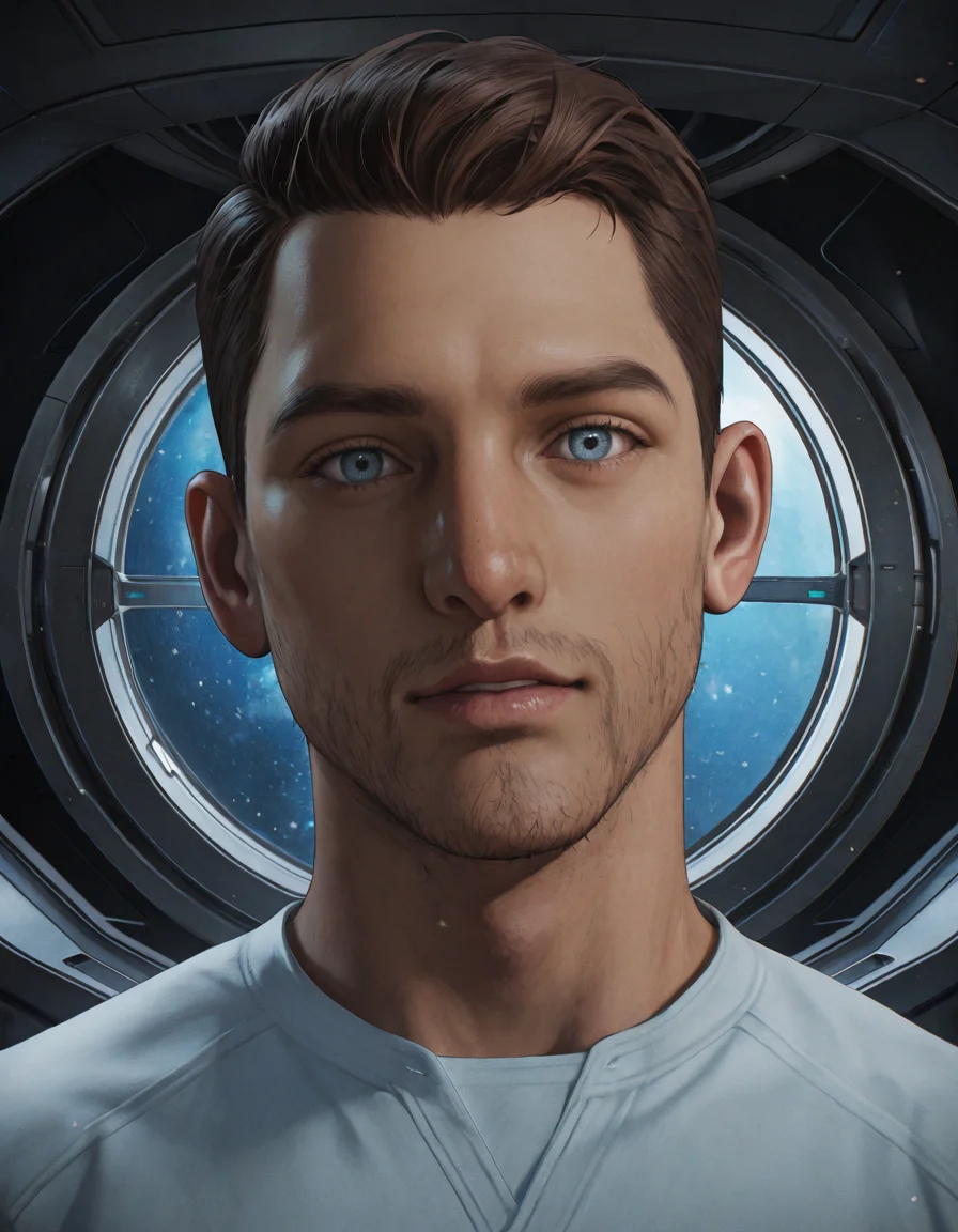 masterpiece, best quality, absurdres, newest, perfect quality, best quality, absolutely eye-catching, detailed background, intricate details, male focus, solo, realistic, <lora:Mass Effect Andromeda - Scott Ryder - Illustrious-000010:0.6>, s_ryder, 1boy, brown hair, light blue eyes, stubble, white two-tone shirt,spacecraft interior, space, contrapposto, looking at viewer, portrait, head tilt, flirty