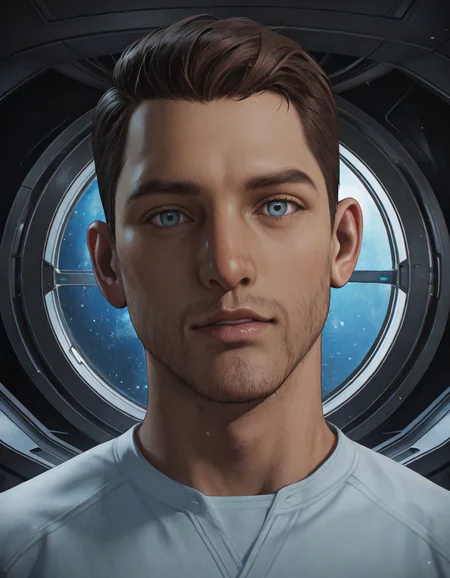 masterpiece, best quality, absurdres, newest, perfect quality, best quality, absolutely eye-catching, detailed background, intricate details, male focus, solo, realistic, <lora:Mass Effect Andromeda - Scott Ryder - Illustrious-000010:0.6>, s_ryder, 1boy, brown hair, light blue eyes, stubble, white two-tone shirt,spacecraft interior, space, contrapposto, looking at viewer, portrait, head tilt, flirty