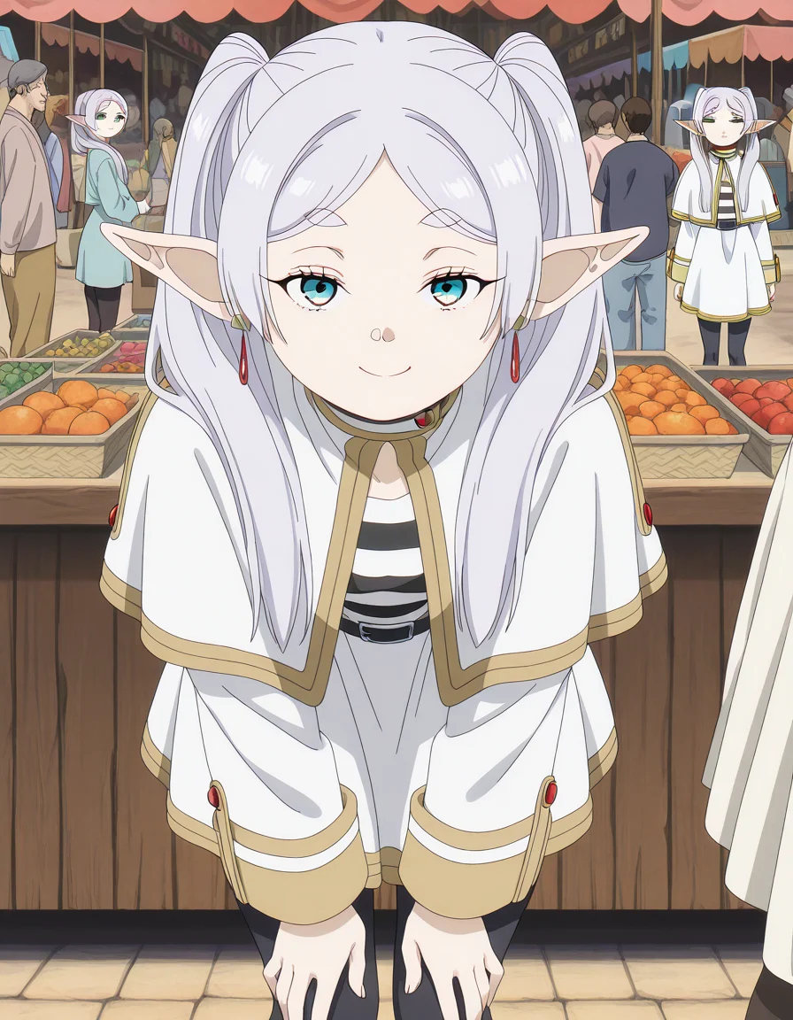 masterpiece, best quality, amazing quality,, <lora:frieren-s1-illustriousxl-lora-nochekaiser:1>, frieren, long hair, twintails, green eyes, grey hair, pointy ears, elf, mature female, small breasts, anime screencap,, shirt, long sleeves, jewelry, pantyhose, earrings, striped, black pantyhose, capelet, striped shirt, skirt, white skirt,, bent over, smug,, market stall, goods, people, shopping, vendor, cowboy shot, solo, looking at viewer