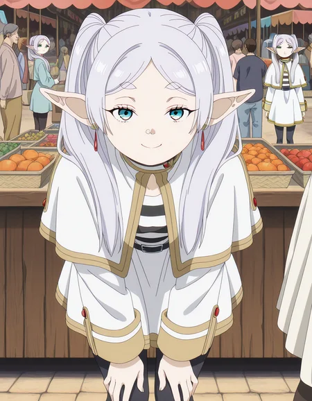 masterpiece, best quality, amazing quality,, <lora:frieren-s1-illustriousxl-lora-nochekaiser:1>, frieren, long hair, twintails, green eyes, grey hair, pointy ears, elf, mature female, small breasts, anime screencap,, shirt, long sleeves, jewelry, pantyhose, earrings, striped, black pantyhose, capelet, striped shirt, skirt, white skirt,, bent over, smug,, market stall, goods, people, shopping, vendor, cowboy shot, solo, looking at viewer