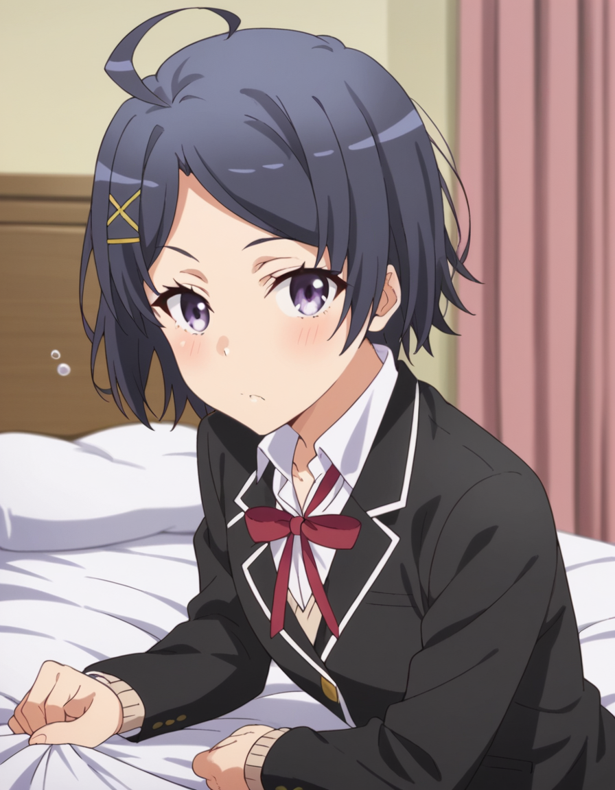 score_9, score_8_up, score_7_up, source_anime,
komachihikigaya, <lora:komachi-hikigaya-s2s3-ponyxl-lora-nochekaiser:1>,
komachi hikigaya, short hair, black hair, hair ornament, ahoge, hairclip, x hair ornament, purple eyes,
skirt, ribbon, school uniform, jacket, black jacket, plaid, plaid skirt, blazer, sobu high school uniform,
indoors, bed, bed room, on side, blush, drunk,
looking at viewer, cowboy shot, solo, dutch angle,