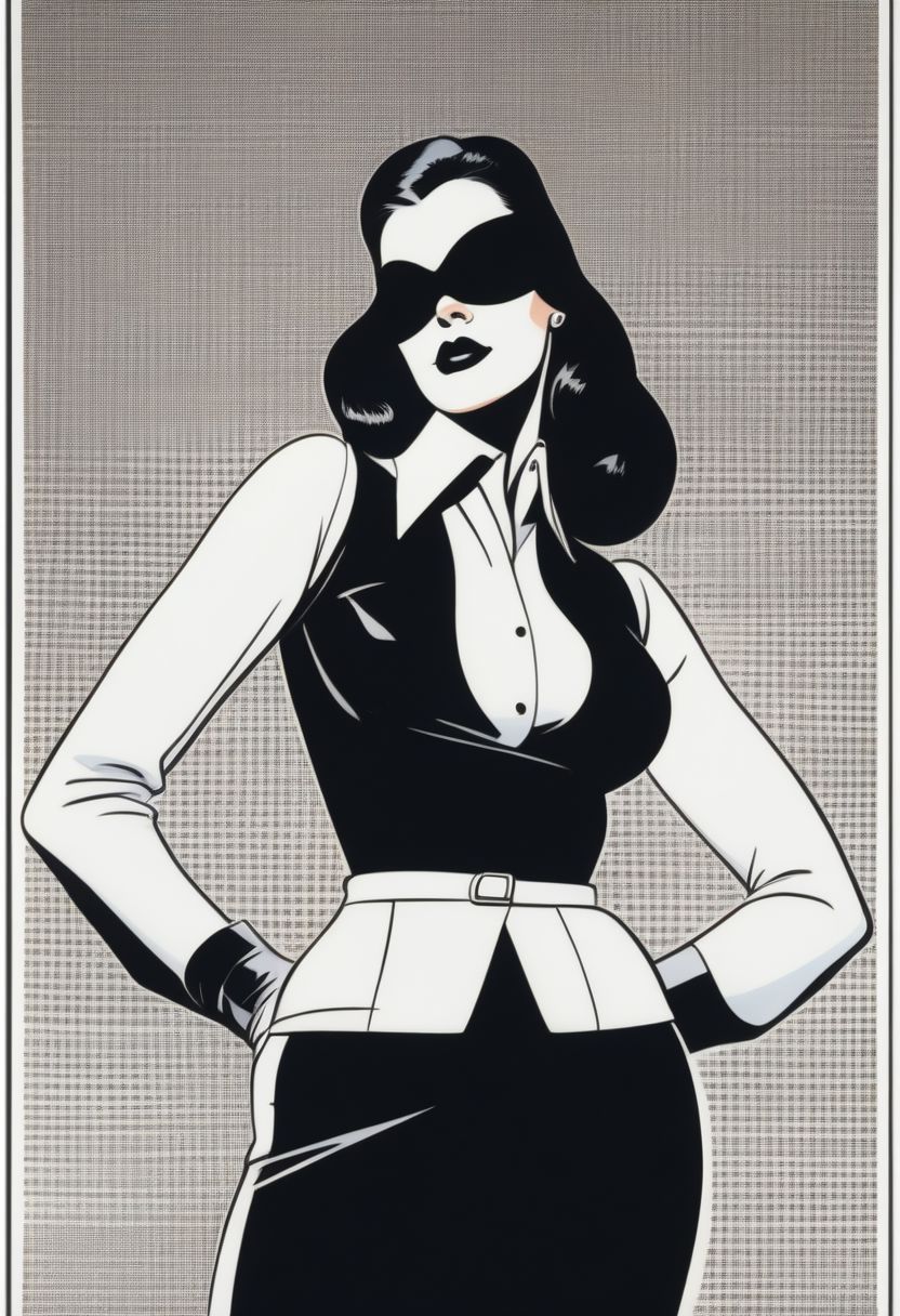 (masterpiece), high quality, 4k, Artist style: Bruce Timm, DCAU, DC comics, Western Comics,
BREAK, 1woman, Calendar Girl, (Page Monroe), long hair, black hair, skintight clothing, long-sleeved dress, black dress, black tights, petite, (white mask), (mask:1.6), (monochromatic outfit), gloves, (black eyes:1.5), (no eyes:1.4)