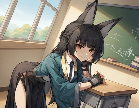 score_9, score_8_up, score_7_up, source_anime, miyabihoshimi, <lora:miyabi-hoshimi-ponyxl-lora-nochekaiser:1>, miyabi hoshimi,animal ear fluff, animal ears, black hair, bright pupils, fox ears, fox girl, half updo, long hair, red eyes, sidelocks, white pupils,, asymmetrical gloves, black gloves, black necktie, black skirt, blue jacket, collared shirt, fingerless gloves, gloves, high-waist skirt, jacket, long skirt, necktie, shirt, side slit, single fingerless glove, skirt, white shirt, wide sleeves,, indoors, classroom, bent over, smile, looking at viewer, solo, cowboy shot, dutch angle