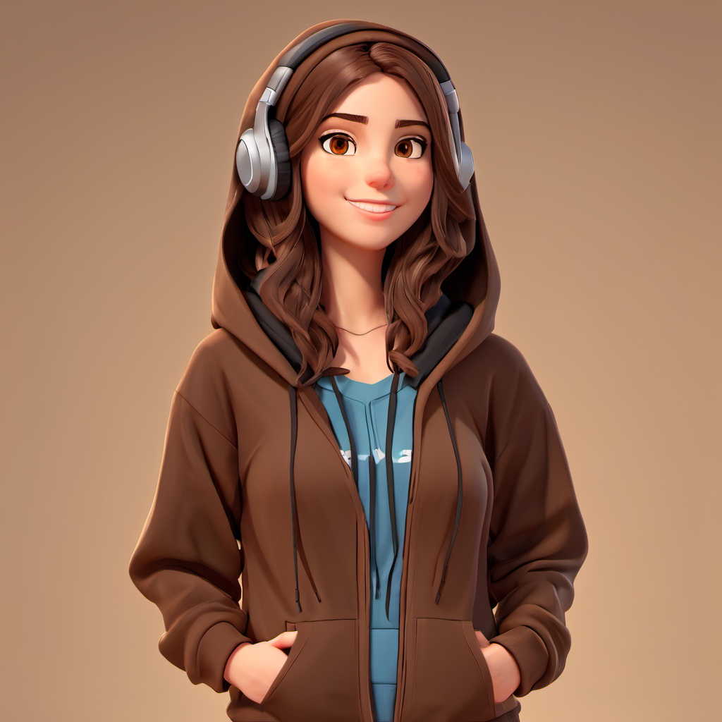 3D style, 1girl, solo, hood, brown hair, headphones, hoodie, brown eyes, long hair, looking at viewer, hood down, upper body, hands in pockets, drawstring, parted lips, clothes writing, black hoodie, lips, smile, nose<lora:3d_render_style_xl:1>