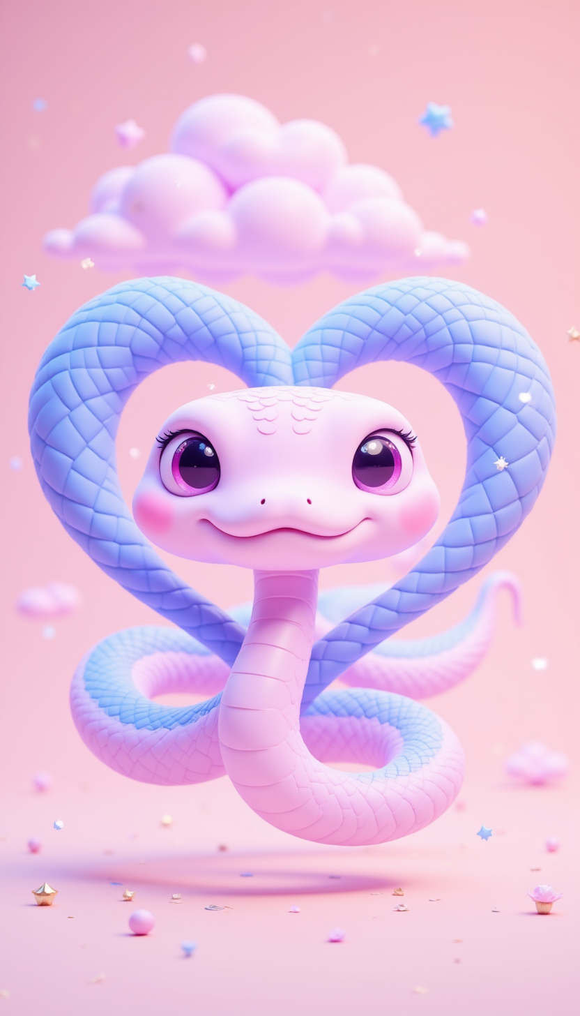 pinkchibisnakeyear,
A pastel pink and blue chibi snake curled into a heart shape, surrounded by floating cotton candy clouds and tiny twinkling stars. The background is a soft gradient of peach and lavender.