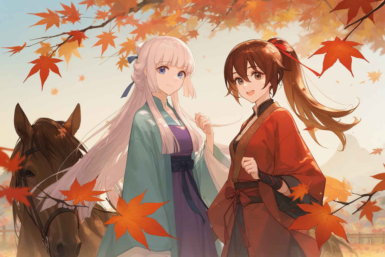 ,artist:ask_(askzy),artist:yolanda,[artist:WANKE],artist:ciloranko,multicolored,fenglingyuxiu, 2girls, multiple girls, brown hair, ponytail, brown eyes, long hair, leaf, horse, autumn leaves, white hair, looking at viewer, open mouth, maple leaf, blue eyes, hair between eyes, smile, closed mouth, sidelocks,<lora:fenglingyuxiu-000018:0.6>