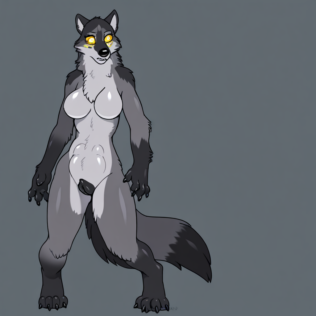 1 wolf, female semi-anthro, black canine pussy, breasts, yellow eyes, yellow sclera, black pupils, Light grey body, white underbelly, shiny fur, 4 toes, 5 fingers, pawed fingers, black claws, standing, solo,