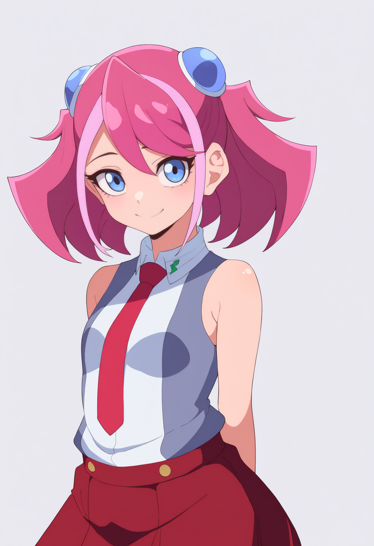 best quality, amazing quality, very aesthetic, absurdres, thick lineart,
1girl, zuzu boyle, pink hair, blue eyes, short twintails, two-tone hair,
school uniform, necktie, sleeveless, red skirt,
upper body,
smile, looking at viewer, solo, simple background, white background,   <lora:ZuzuBoyleNoobXL_byKonan:1>