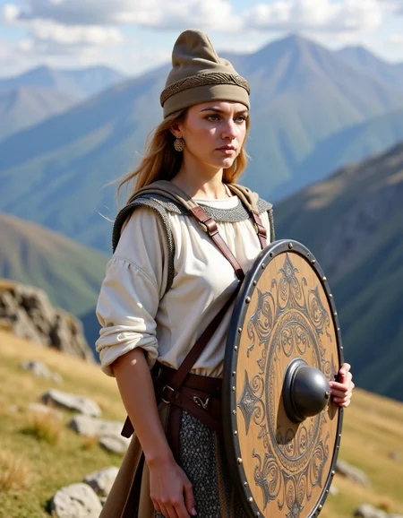 Dacian a woman with a falx and a white shirt is standing in front of a mountain. Woman wear a dacian hat and hold a dacian decorated ovel shield. <lora:DaciiV6:1>