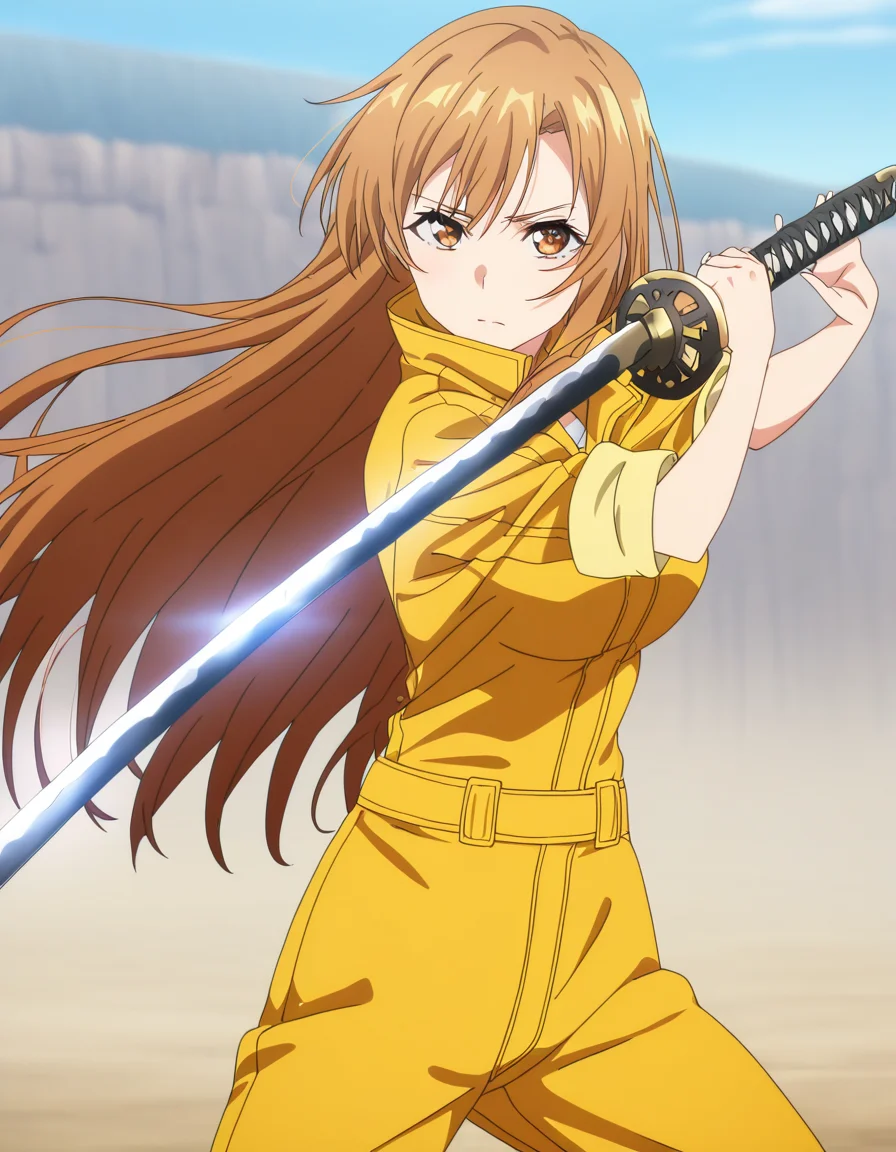 masterpiece, best quality, newest, absurdres, highres, safe,, <lora:asuna-yuuki-s1-ponyxl-lora-nochekaiser:1>, asuna yuuki, long hair, brown hair, brown eyes, medium breasts, anime screencap, <lora:sword-guard-stance-illustriousxl-lora-nochekaiser:1>, sword guard stance, sword, weapon, solo, katana, holding, holding weapon, holding sword, looking at viewer, jumpsuit, yellow jumpsuit, high collar, cowboy shot, pants,, ,