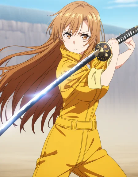masterpiece, best quality, newest, absurdres, highres, safe,, <lora:asuna-yuuki-s1-ponyxl-lora-nochekaiser:1>, asuna yuuki, long hair, brown hair, brown eyes, medium breasts, anime screencap, <lora:sword-guard-stance-illustriousxl-lora-nochekaiser:1>, sword guard stance, sword, weapon, solo, katana, holding, holding weapon, holding sword, looking at viewer, jumpsuit, yellow jumpsuit, high collar, cowboy shot, pants,, ,