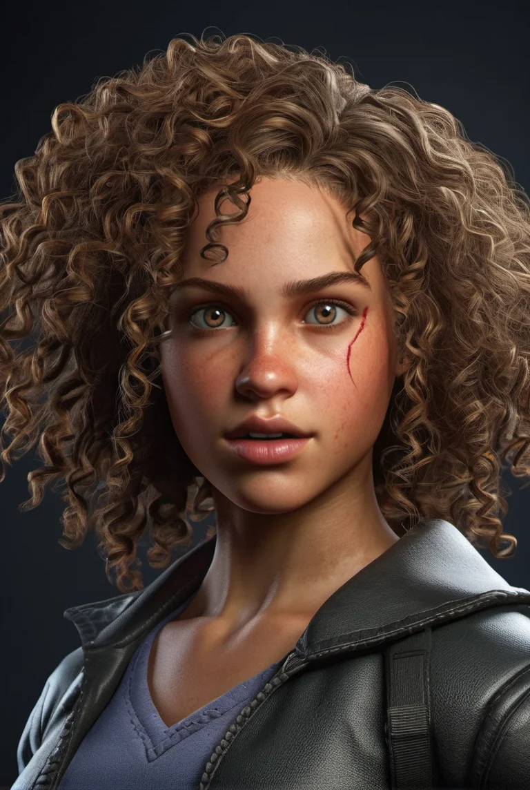 Fighting game style (RAW photo, best quality), (realistic, photo-realistic:1.4), masterpiece, a girl with curly hair, in the dark, detailed pupils, textured skin, skin blemish, Pixar . Dynamic, vibrant, action-packed, detailed character design, reminiscent of fighting video games