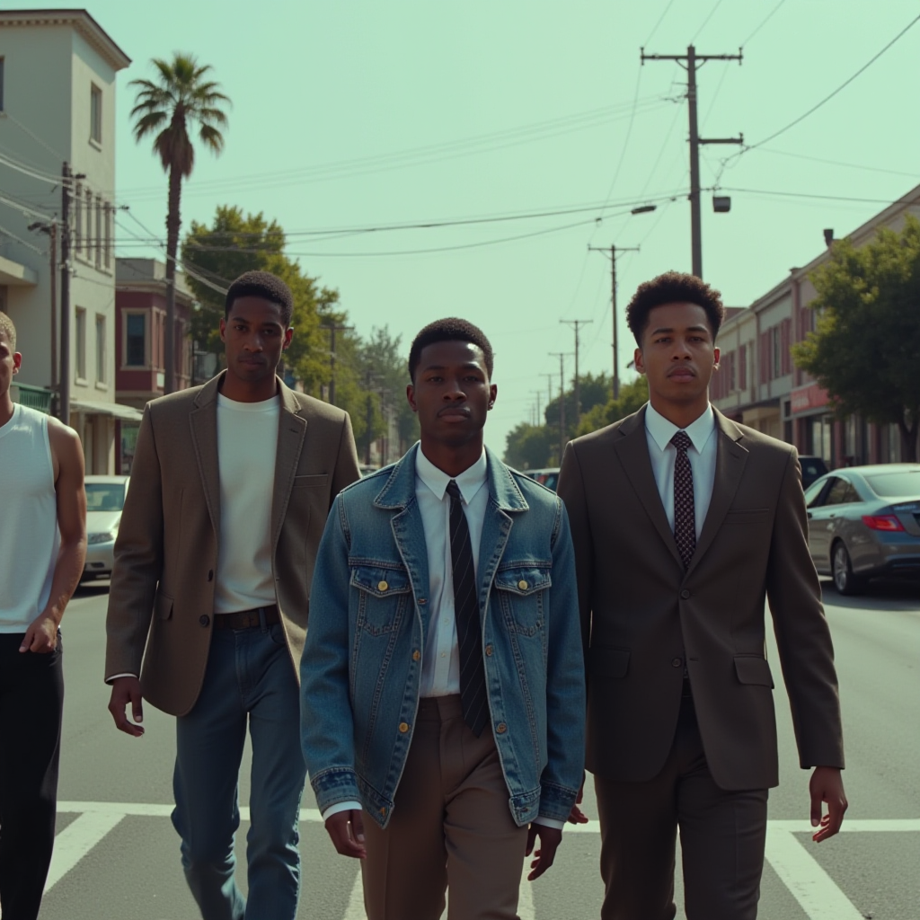 cinematic film still  <lora:Hollywood Cinematic Film style v1:1>
A dramatic cinematic photographic image of a group of people walking across a street,shirt,jacket,male focus,outdoors,multiple boys,necktie,pants,dark skin,facial hair,dark-skinned male,3boys,denim,ground vehicle,building,motor vehicle,4boys,jeans,city,realistic,hands in pockets,car,road,power lines,old man,street , Commercial advertisement themed, sharp, detailed, epic photography, artistic, creative, dramatic light, cinematic style, Kodak film style, different lighting style, different color style, different background, different scene, different person, different people, different race, different gender, 8k resolution, Television advertisement Hollywood Cinematic Film style . shallow depth of field, vignette, highly detailed, high budget, bokeh, cinemascope, moody, epic, gorgeous, film grain, grainy