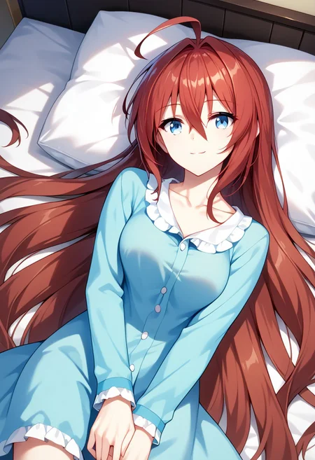 score_9,score_8_up,score_7_up,source_anime, Rin Azuma,1girl,solo,long hair,smile,blue eyes,brown hair,long sleeves,dress,hair between eyes,very long hair,closed mouth,collarbone,ahoge,red hair,lying,shiny,shiny hair,on side,pajamas,