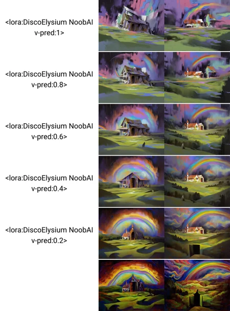 painting \(medium\), painterly, hill, haunted house, landscape, rainbow, abstract, surreal, nightmare, horror \(theme\), door, windors, shadow, medieval architecture, faux traditional media, multicolored background, 
style of disco elysium <lora:DiscoElysium NoobAI v-pred:1>,