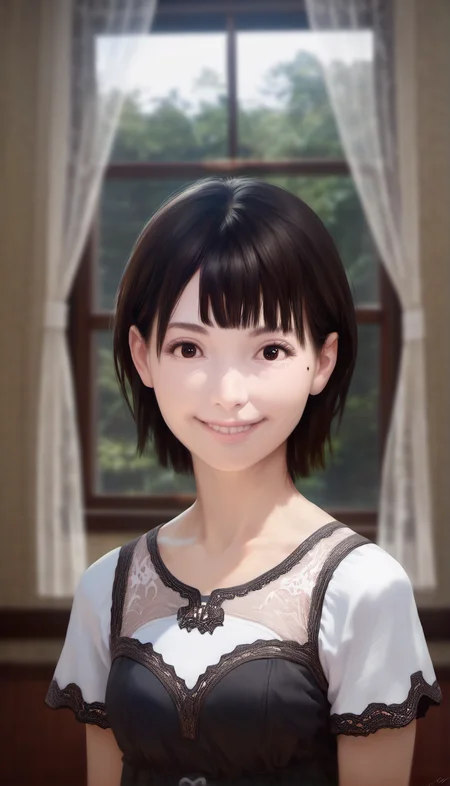 score_9,score_8_up,score_7_up,<lora:ChisatoShinjo:1>,
chisatoshinjo,
realistic,
1girl,solo,black hair,short hair,bangs,brown eyes,beauty mark,smile,white blouse with lace details,portrait,face focus,blurry background,indoors,living room,vintage room,window,the tree is visible through the window,warm cozy atmosphere,