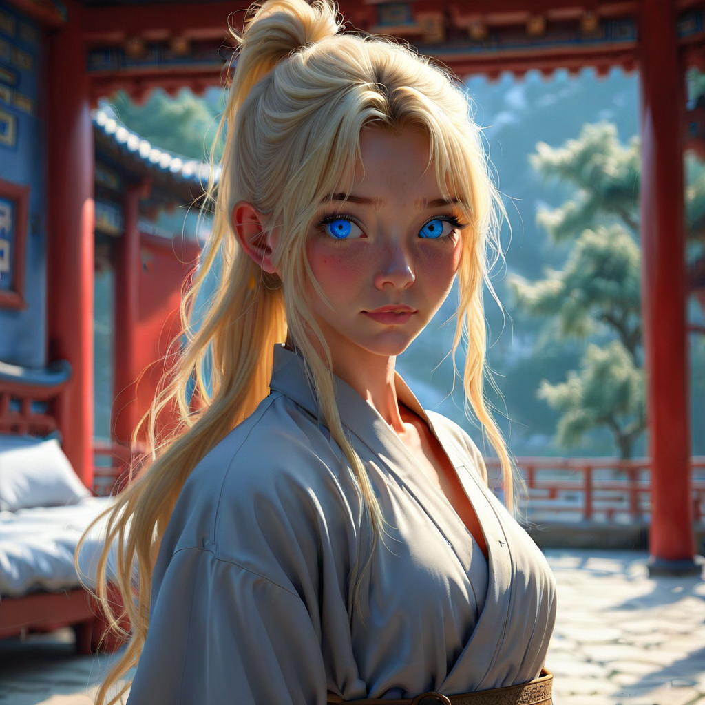 semirealistic, 1girl, solo, blond hair, pony tail, slightly wavy hair, long hair, blue eyes, 21yo, beautiful, in her bed, body covered by her betsheet, looking lovingly at viewer, morning, inside an ancient chinese styled cozy house,