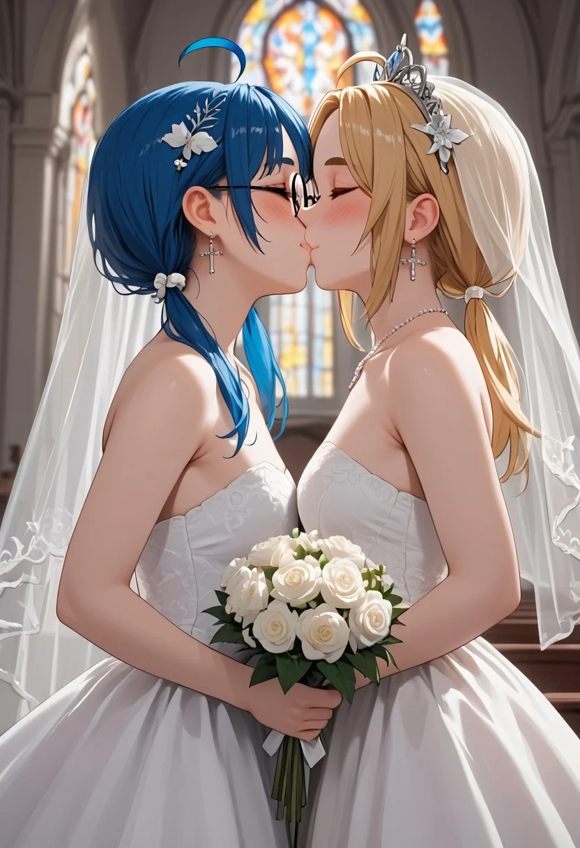 score_4,score_5,score_6,score_7_up,score_8_up,score_9 ((masterpiece,best quality,ultra detailed,highres,HD,4k:1.2)), 
2girl,face focus,lesbian,yuri,
long hair,Forehead, parted bangs,blue hair,blue eyes,sanpakugan,hair ornament,earrings,
 low twintails,twintails,long hair,blonde hair,ahoge,glasses,round eyewear,bangs,orange eyes,thick eyebrows, 
 Wedding, church, 2 girl wedding dress, 2 girl wedding veil, holding bouquet, side angle,from side,side view, side angle, kiss, kissing,horny, full face blush, eyes closed, eyes closed, smiling, shy, happy,closed mouth,closed your mouth,