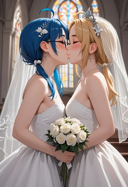 score_4,score_5,score_6,score_7_up,score_8_up,score_9 ((masterpiece,best quality,ultra detailed,highres,HD,4k:1.2)),
2girl,face focus,lesbian,yuri,
long hair,Forehead, parted bangs,blue hair,blue eyes,sanpakugan,hair ornament,earrings,
low twintails,twintails,long hair,blonde hair,ahoge,glasses,round eyewear,bangs,orange eyes,thick eyebrows,
Wedding, church, 2 girl wedding dress, 2 girl wedding veil, holding bouquet, side angle,from side,side view, side angle, kiss, kissing,horny, full face blush, eyes closed, eyes closed, smiling, shy, happy,closed mouth,closed your mouth,