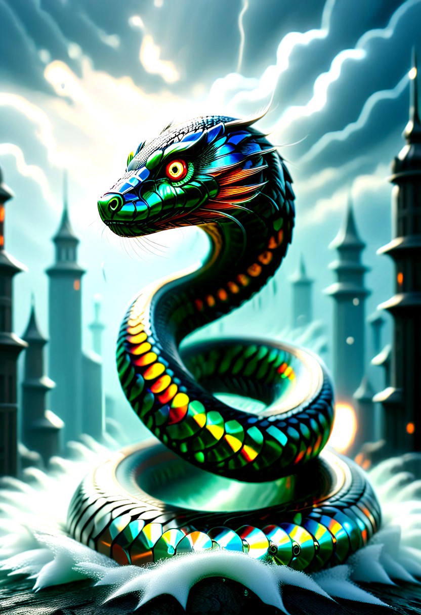 A formidable warrior cyborg with battle scars and marks of past villainy, now overlaid with symbols of heroism and snakes, representing rebirth and transformation.  embodying both a superhero and a redeemed former villain, exuding an aura of power and redemption.   Standing heroically amidst a stormy battlefield, with lightning illuminating the fractal designs on the scale armor (made from Compact Discs). The character, adorned with intricately designed armor that features a hybrid of Damascus steel and fractal art patterns, stands poised for battle. The armor's fractal designs shimmer with mystical energy, merging beautifully with the Damascus steel’s distinctive water-like patterns. His/her piercing snake-like eyes reflect an intense and focused determination. Snakes are an integral part of his/her design, with serpent tattoos coiling around muscular arms and legs, and snake motifs etched into the armor and weaponry. A massive, fractal-designed sword or staff with Damascus steel accents adds to the character's menacing and heroic presence. The overall image is ultra-high definition, with sharp focus on the intricate details, natural lighting, and realistic textures, ensuring the art is neither anime nor comic book style.