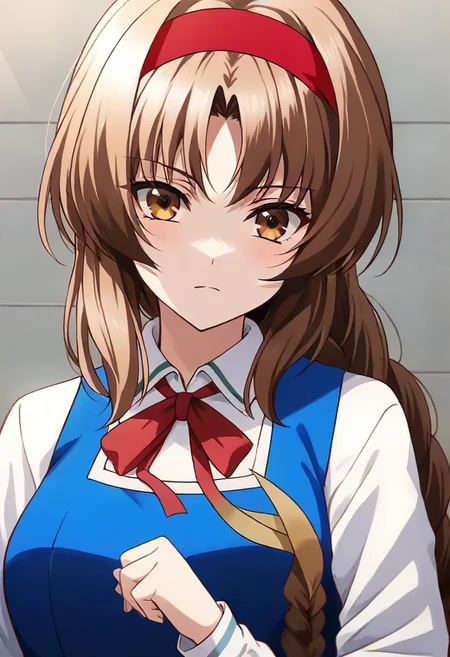 best quality, 4k, rating_safe, very aesthetic, source_anime,1girl, <lora:Takao:0.9>,takao,brown hair,brown eyes,long hair,single braid,red hairband,neck ribbon,white shirt,long sleeves,blue vest,gray skirt,school uniform,