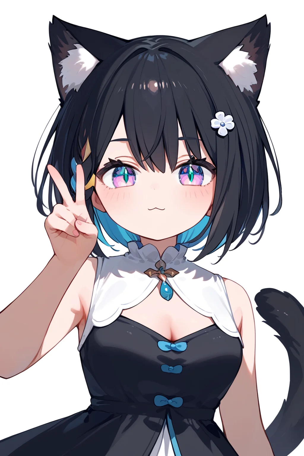 (score_9,score_8_up,score_7_up,),<lora:Hoshina Suzu-000018:0.9>,Hoshina Suzu,colored inner hair,short hair,multicolored hair,blue hair,black hair,cat ears,side braid,multicolored eyes,blue eyes,pink eyes,black dress,tail,upper body,:3,v,