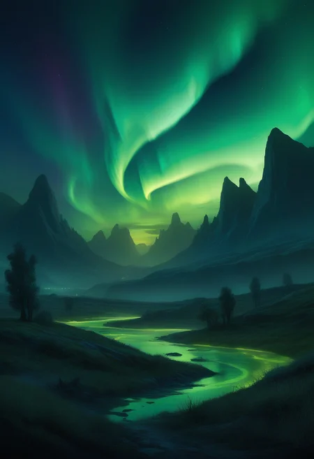 (zavy-mthcl:1.3), alien landscape ,Spectacular auroras dancing across the heavens, Quaint villages nestled in verdant valleys , alien flora, Chiaroscuro,,, surrealist, horror, trending on artstation, digital painting, painterly, concept art, smooth, illustration, clean ink detailed line drawings, cell shaded, 4k, tone mapping, doll, akihiko yoshida, james jean, andrei riabovitchev, marc sim