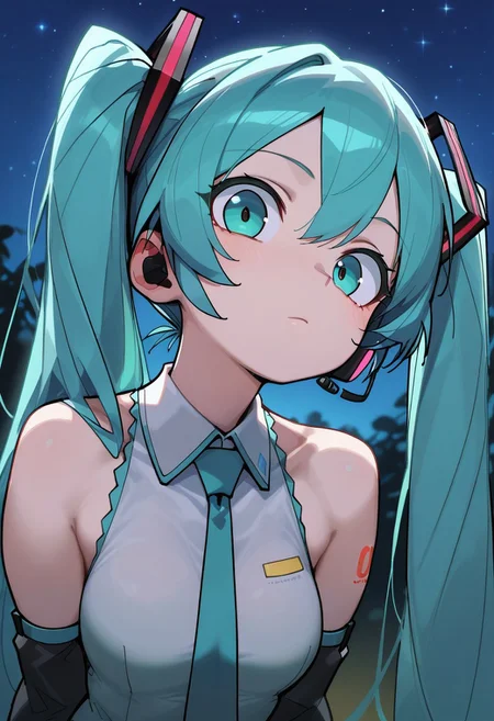 CuteToon_ST, masterpiece, best quality, very aesthetic, high resolution, ultra-detailed, absurdres, newest, detailed eyes, beautiful, perfect lighting, hi res, amazing quality, very awa, painting_(artwork), dynamic lighting, dynamic angle, dynamic pose, cinematic, gorgeous, close-up, portrait, 1girl, hatsune miku, aqua eyes, aqua hair, twintails, looking at viewer, closed mouth, outdoors, night, starry sky,