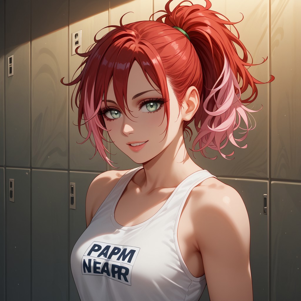 score_9, score_8_up, score_7_up, Expressiveh, (shingeki no kyojin style:0.7), medium length messy hair, ponytail, red hair, light pink highlights, silver eyes, perfect face, 18 year old girl, BL_Ging, slender body, pale female, pale skin, medium perky perfectly round breasts, detailed lips, cute sexy, green eyes, eye contact, seductive, abstract background, dark cinematography, mood lighting, cinematic lighting, full body, makeup, perfect anatomy, perfect hands, smile, thin, petite, half lid eyes, sexy, (looking back:0.6),
1girl, changing room background, gym clothes, portrait,