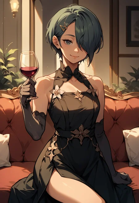 score_9, score_8_up, score_7_up, source_anime, 1girl, looking at viewer, smile, holding wine glass, <lora:SetsunaFE-pdxl:1> defSet, short hair, hairclip, hair over one eye, long dress, black dress, elbow gloves, indoors, couch, formal