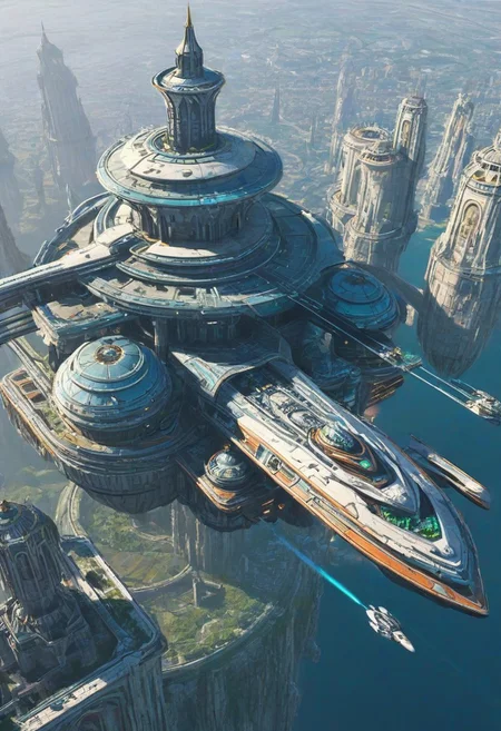 Flying vehicle going to floating sci fi gigantic city, castle,