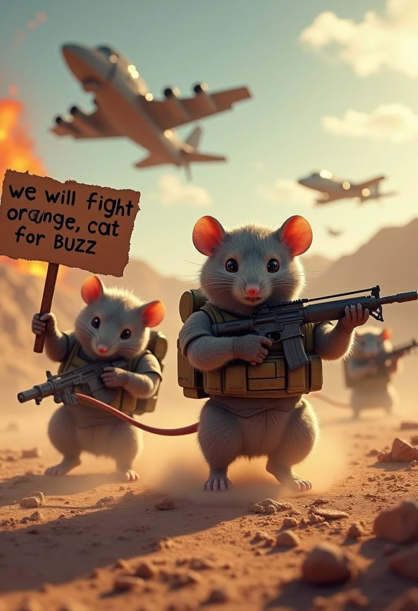 a squad of mice in battle armor, wearing tactical helmets, fighting in a battle on a rocky dessert, armed with assault weapons. Fighter aircraft fly in the sky, one of them holding a cardboard sign that reads "we will fight orange cat for BUZZ" armored vehicles on caterpillar tracks follow in the distance. Explosions, dark pallette with shafts of light. Hyperdetailed dynamic photorealistic image, high quality