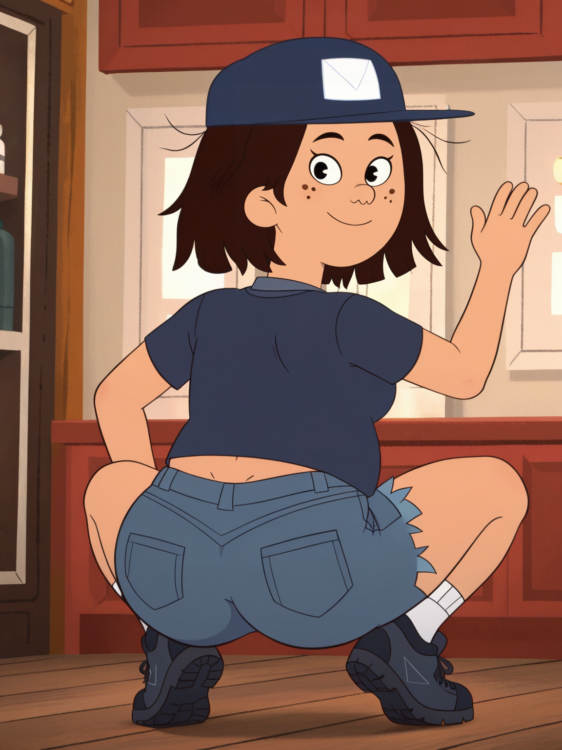 <lora:ThaoIL:0.8> _o, 1girl, short hair, brown hair, black eyes, freckles, baseball cap,
looking at viewer, dancing, twerking, ass focus, fat ass, heavy bottom, squatting, sneakers, torn denim shorts