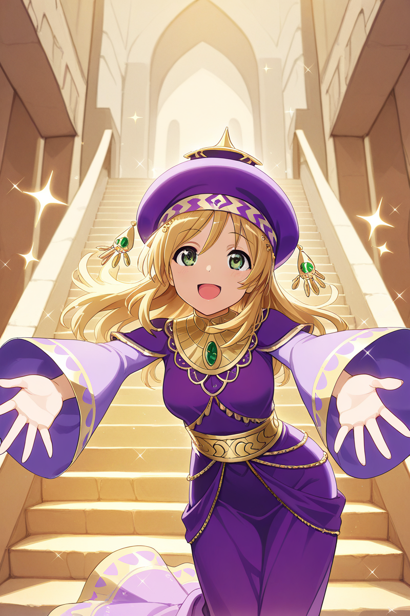 masterpiece, best quality, amazing quality,
 <lora:Nana_IL:1> nana, green eyes, blonde hair, solo, open mouth, purple hat, smile, stairs, outstretched arms, wide sleeves, purple dress, long sleeves, sparkle, :d, long hair, arabian,