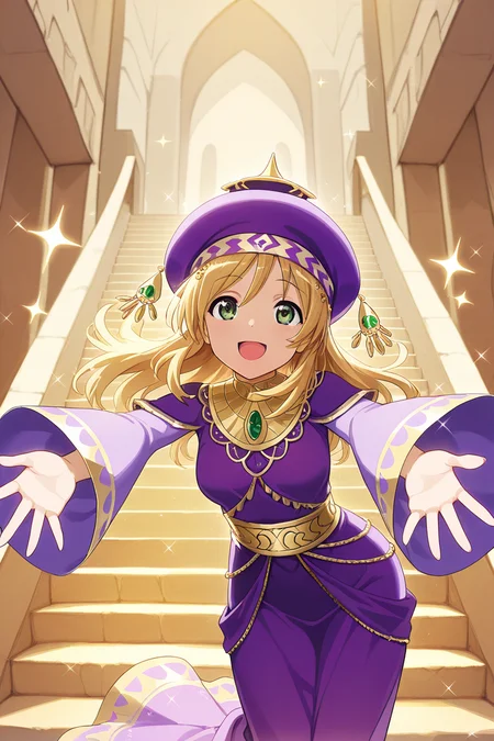 masterpiece, best quality, amazing quality,
<lora:Nana_IL:1> nana, green eyes, blonde hair, solo, open mouth, purple hat, smile, stairs, outstretched arms, wide sleeves, purple dress, long sleeves, sparkle, :d, long hair, arabian,